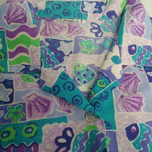 Vtg Cricket Lane Womens L Blouse Short Slv Beach Fish Tropical Floral Geometric - Picture 3 of 5